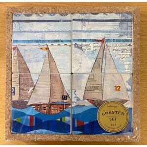 Demdaco New Coaster and Trivet Set 4 Coaster in Cork Base Sealed Sailboat